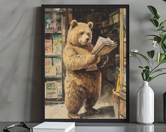 Adorable Bear Reading Illustration | Vintage Animal Wall Art Digital Download | Kids Room Decor for Book Lovers