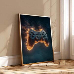 Gaming Controller Wall Art Print, Fire Effect Poster, Gamer Room Decor, Digital Artwork