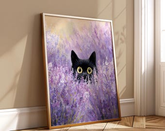 Lavender Cat Wall Art - Black Kitty in Flower Field Print - Whimsical Floral Animal Poster Digital Download