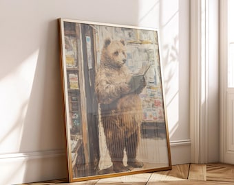 Whimsical Bear Reading Print - Cozy Cottagecore Wall Art Digital Download for Nursery & Book Nook Decor