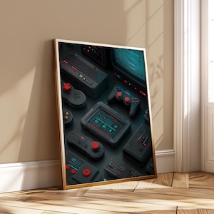 Puede incluir: Una impresión enmarcada que presenta una colección de consolas y mandos de juegos retro. La obra de arte muestra varias consolas y mandos negros con detalles en rojo y turquesa. La disposición incluye joysticks, dispositivos portátiles y una pantalla de televisión, todo en un estilo oscuro y futurista.