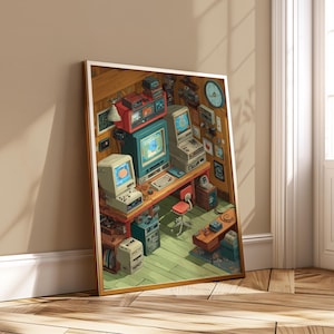 Peut inclure: Une impression encadrée représentant une pièce d'ordinateur rétro avec des moniteurs, claviers et autres appareils électroniques vintage. L'œuvre présente un bureau rouge, une chaise rouge et un sol vert. Les murs sont lambrissés et une horloge est accrochée au mur.
