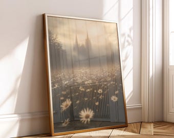 Daisy Field Gothic Spires Dark Floral Printable Art Misty Cathedral Wall Decor Vintage Fog Poster Download