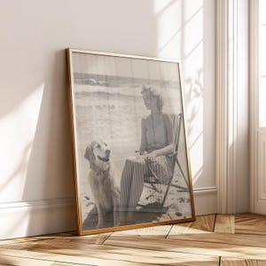 Retro 1950s Beach Photo – Golden Retriever & Woman Vintage Print – Black and White Dog Wall Art – Digital Download