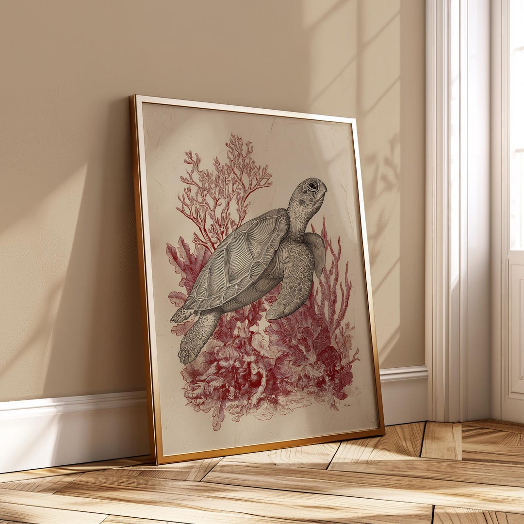 Vintage Sea Turtle Wall Art - Botanical Ocean Coral Print Marine ...