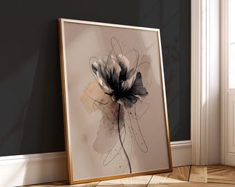 Neutral Ink Flower Print – Abstract Line Botanical Wall Art – Beige Black Minimalist Poster – Modern Digital Download for Home Decor