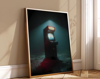 May include: Framed print of a vintage arcade game machine. The machine is dark with a lit-up screen and marquee. The image has a moody, atmospheric lighting with a spotlight effect, casting shadows on the floor.