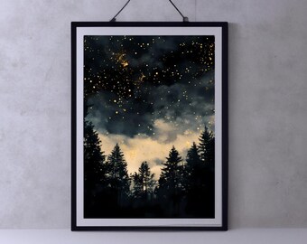 May include: Framed art print featuring a night sky scene. The artwork depicts a dark, starry sky with golden specks, above a silhouette of a forest. The print is in a black frame, hanging against a gray wall.