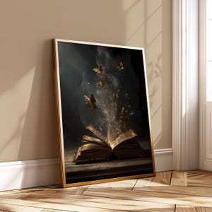 Magical Book Wall Art – Gold Butterflies Fantasy Poster – Dark Academia  – Enchanted Grimoire Illustration – Instant Digital Download