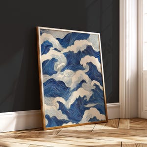 Minimalist Japanese Waves – Zen Ocean Line Art Poster – Coastal Blue Wall Print – Calm Sea Digital Download Decor
