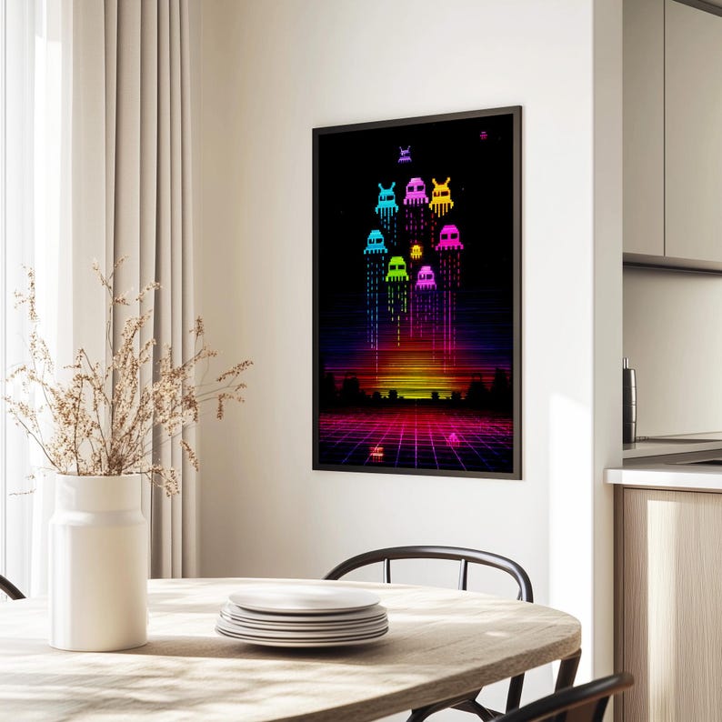 Retro Pixel Space Invaders Poster - Neon Arcade Wall Art - Synthwave ...