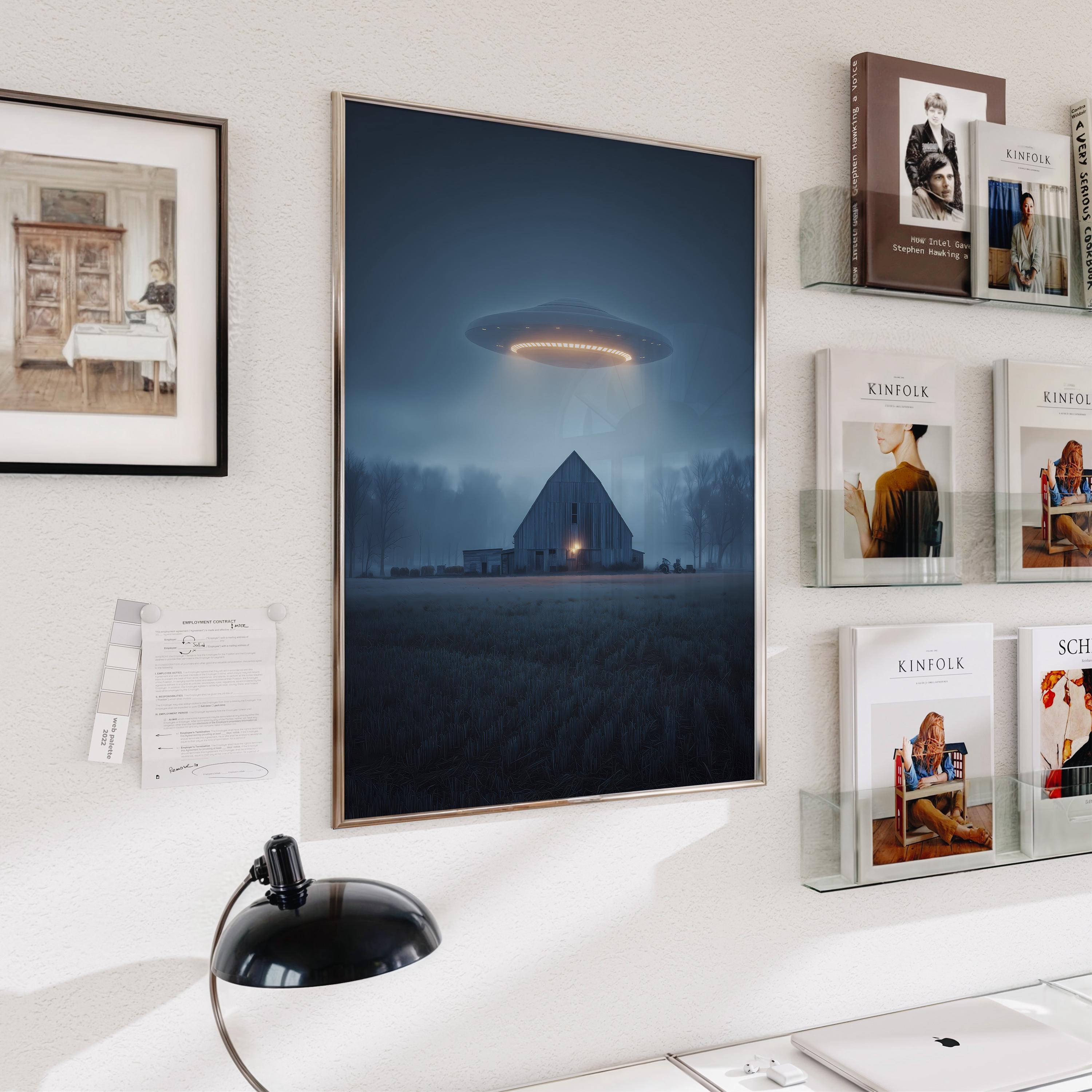 UFO Farm Poster – Alien Spaceship Over Barn – Sci Fi Landscape Art ...