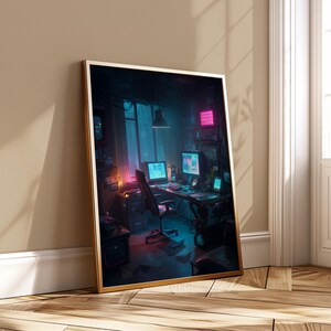 Cyberpunk Office Wall Art Neon Workspace Illustration Tech Room Decor Gamer Setup Printable Poster Digital Download