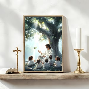 Jesus Teaching Little Girls | Christian Wall Art for Girls Room | Bible Verse Nursery Printable | Faith and Scripture Poster