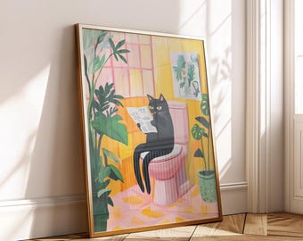 Funny Black Cat Bathroom Poster - Tropical Toilet Wall Art Digital Download for Pet Lovers - Colorful Pink Yellow Printable