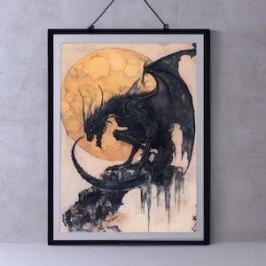 Schwarzer Drache Kunst | Majestätischer Drache mit goldenem Mond | Fantasy-Wand-Dekor | Geschenk für Drachen Liebhaber