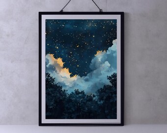 May include: Framed art print depicting a night sky scene. The artwork features a dark blue sky filled with golden stars, with fluffy white and orange clouds. Silhouetted trees are at the bottom of the image, creating a serene landscape.