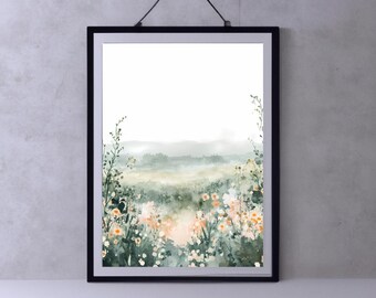 Vårlandskapslandskapstryck, sommarutskrivbar väggkonst, bondgårdsdekor, blomsterfältlandskapsoljemålning, originalkonstnär