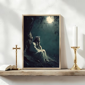 Jesus in Gethsemane – Night Prayer Christian Art | Crown of Thorns JPG Print | Dark Christian Poster | Easter Reflection Wall Art