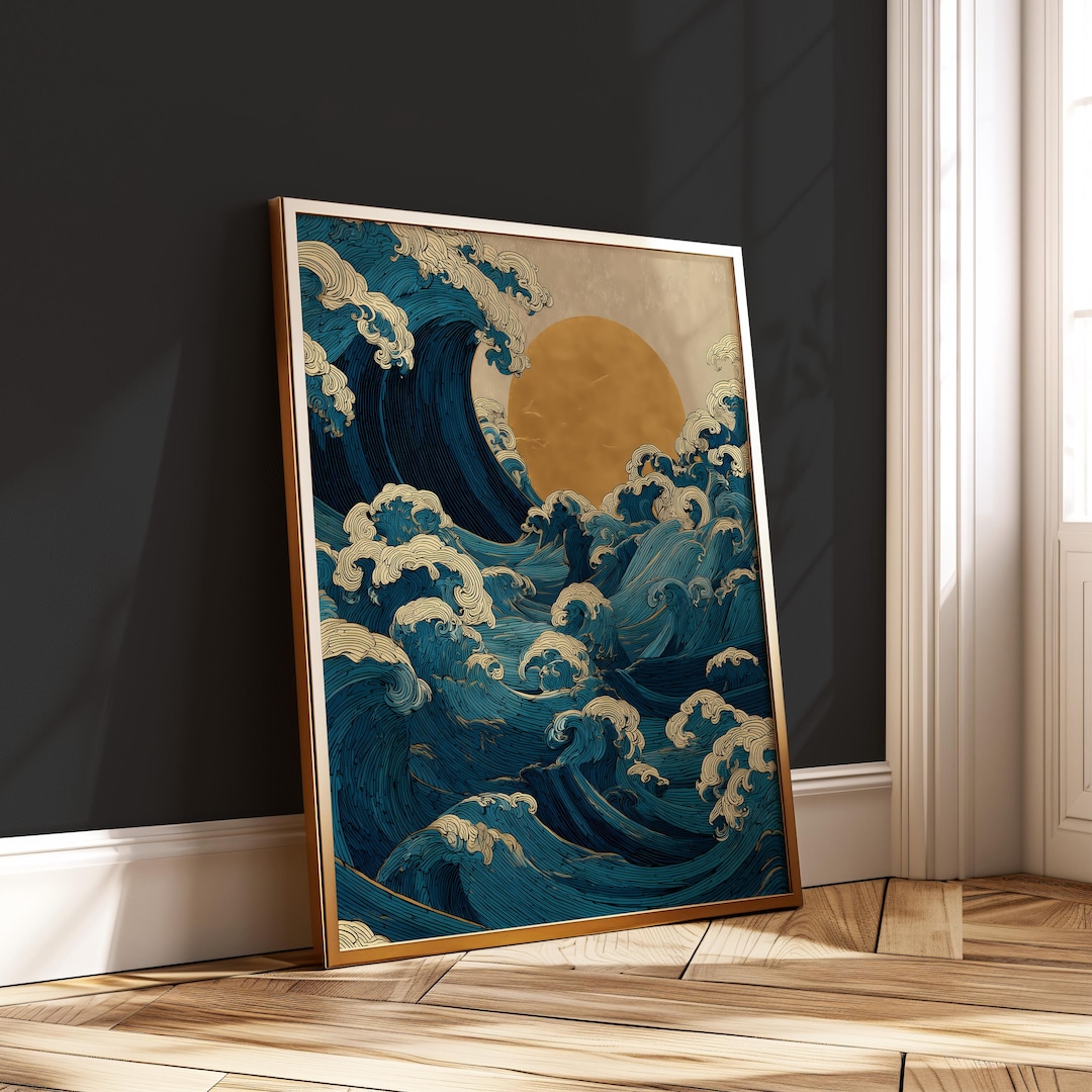 Japanese Ocean Wave Print – Golden Rising Sun Poster – Bold Digital ...