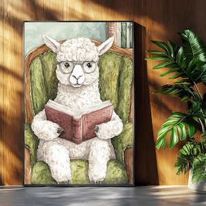 Adorable Reading Llama Art | Whimsical Digital Illustration | Cozy Library Decor | Animal Lover&#39;s Wall Art | Instant Download