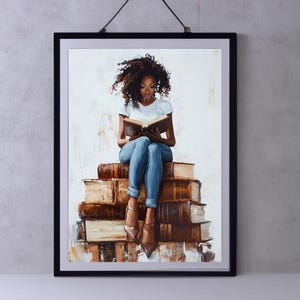 Black Woman Reading Book Art Print | Book Lover Print | African American Wall Art | Black Girl Digital Art | Cozy Bookish Wall Decor