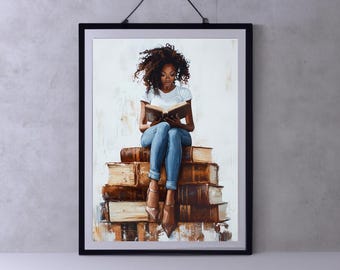 Black Woman Reading Book Art Print | Book Lover Print | African American Wall Art | Black Girl Digital Art | Cozy Bookish Wall Decor