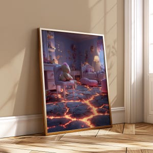 May include: A framed print depicts a surreal bedroom scene. A plush toy sits on a chair, with a bed and dresser in the background. The floor is cracked, with glowing orange lava. The room is lit with soft, warm light.