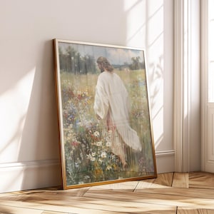 Lámina artística &quot;Siguiendo a Jesús&quot; - Póster digital inspirador - Obra de arte de un campo de flores silvestres SUD - Decoración de pared del Camino Cristiano - Imprimible de fe