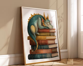 Book Dragon Wall Art - Whimsical Reading Nook Poster - Sleeping Fantasy Illustration Kids Room Digital Download