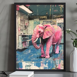 May include: A framed painting of a pink elephant standing in a room with a blue and white tiled floor. The elephant is looking to the left and has a long trunk. The room is cluttered with various objects, including a sink and a cabinet.
