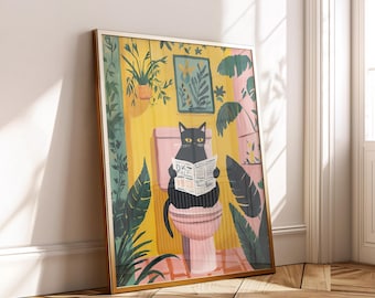 Funny Black Cat Toilet Poster - Jungle Retro Bathroom Wall Art - Digital Download Printable Decor for Plant Lovers
