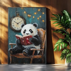 Adorable Panda Reading Art | Cozy Nighttime Illustration | Whimsical Animal Digital Wall Art | Gift for Book Lovers