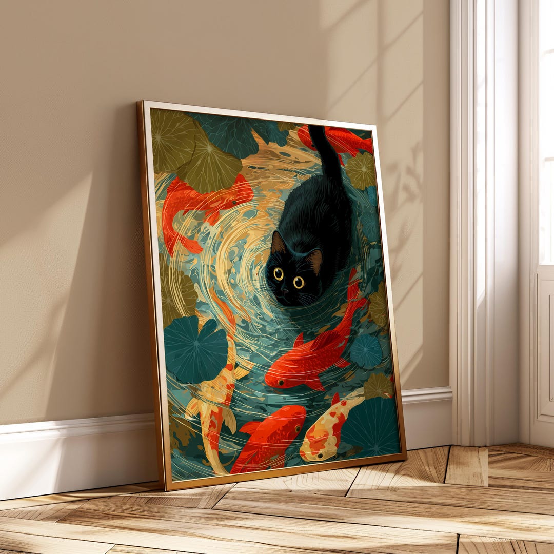 Black Cat Koi Pond Poster - Vibrant Japanese Wall Art - Whimsical Zen ...