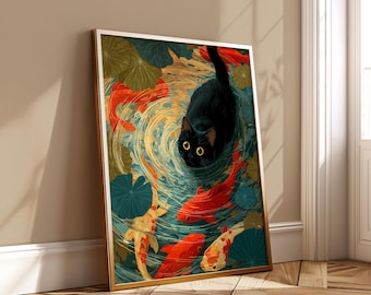 May include: Framed art print featuring a black cat gazing at koi fish in a pond. The artwork has a gold frame and depicts the cat with yellow eyes, surrounded by orange and white koi fish, green lily pads, and water ripples.