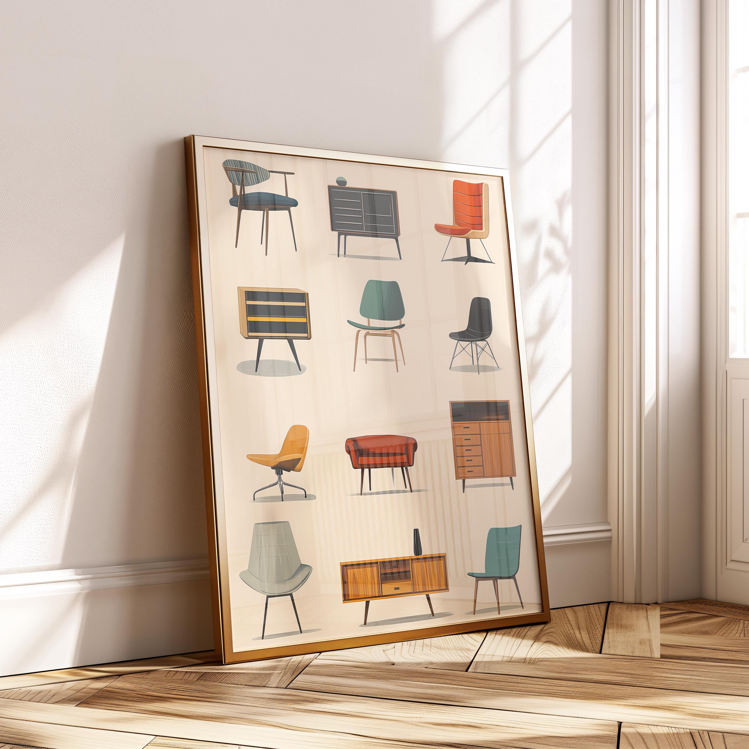 Colorful Mid Century Furniture Print - Retro Chairs Cabinets Wall