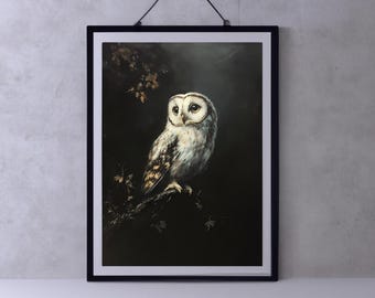 May include: Framed print of a barn owl perched on a branch. The owl has white and brown feathers, with a dark background and a black frame. The artwork is a detailed illustration of the bird.