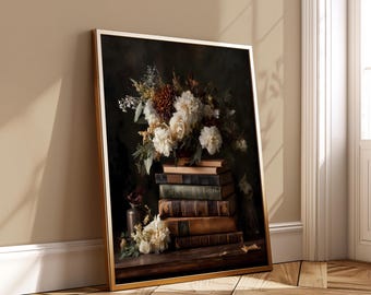 Vintage Book Stack Floral Wall Art - Dark Academia Still Life Poster with Old Books and Flowers - Moody Library Digital Print