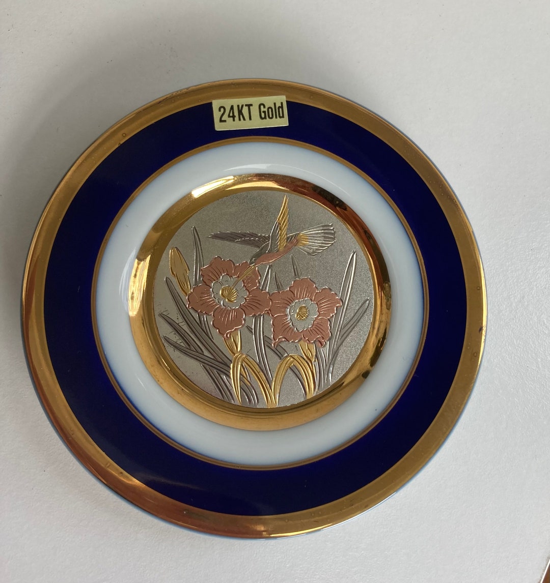 Japanese 'chokin', Ceramic Wall Plate, Plaque, Etched in Silver and