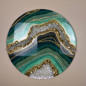 24” green geode inspired resin artwork with gold accents and real quartz crystals