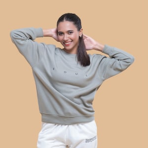 Olive Green Unisex Crewneck Sweatshirt | Fleece Cotton Pullover | Minimal Embroidery SOUL Design
