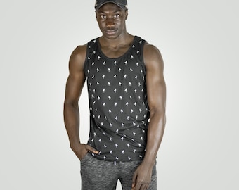 Men's Tropical Palm Print Tank Top – Black Cotton Beach Tee