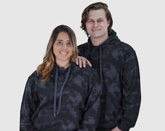 Sudadera unisex extragrande con capucha de camuflaje negro / Sudadera urbana con hombros caídos y estampado tie-dye