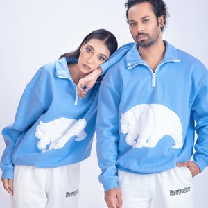 Sky Blue Panda Half-Zip Turtleneck Sweatshirt | Oversized Fleece Cotton Blend Pullover | Unisex Streetwear Winter Fashion Top