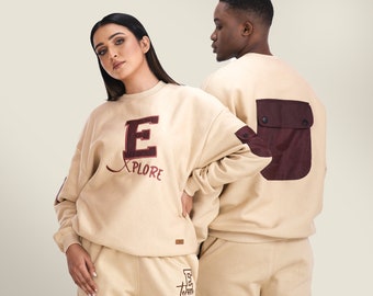 Beige Oversized Unisex Crewneck Sweatshirt | Explore Embroidery  | Streetwear Pullover with Pocket
