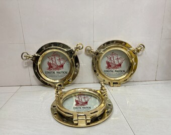 Maritime Nautical Marine Ship Replica Brass Porthole/Window With Two Dog 3 Pieces