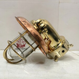 Vintage Swan Arched Nautical Passage Brass Ship Antique Wall Light With Copper Shade & Junction Box