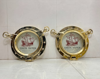 Home Sale, Marine Old Vintage Nautical Ship Brass Porthole Window With Two Dogs 2 Pieces