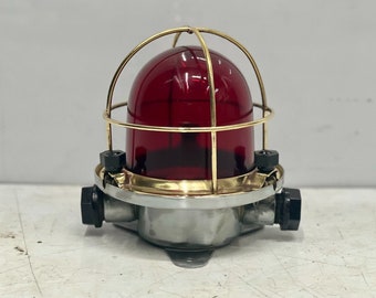 Marine Antique Ship Ceiling Old Iron & Brass Cage Bulkhead Light - Red Glass