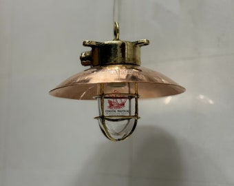 MV Bond Ship Reclaimed Brass Outdoor Bulkhead Hanging Light with Copper Shade